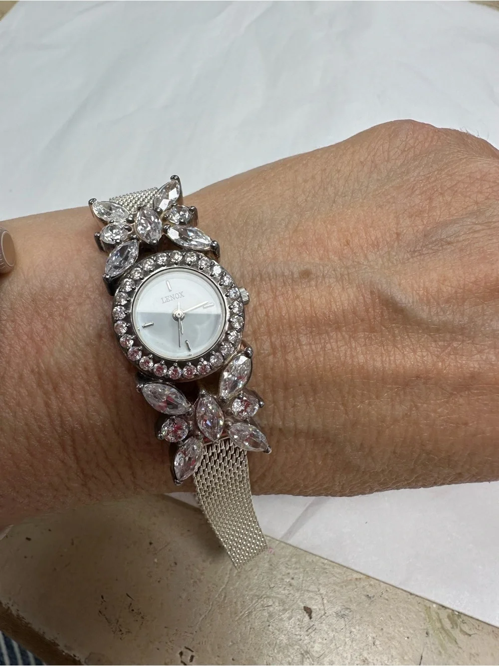 Lenox Crystal Floral Bracelet Watch Silver Tone Mesh Band Elegant Dress Watch